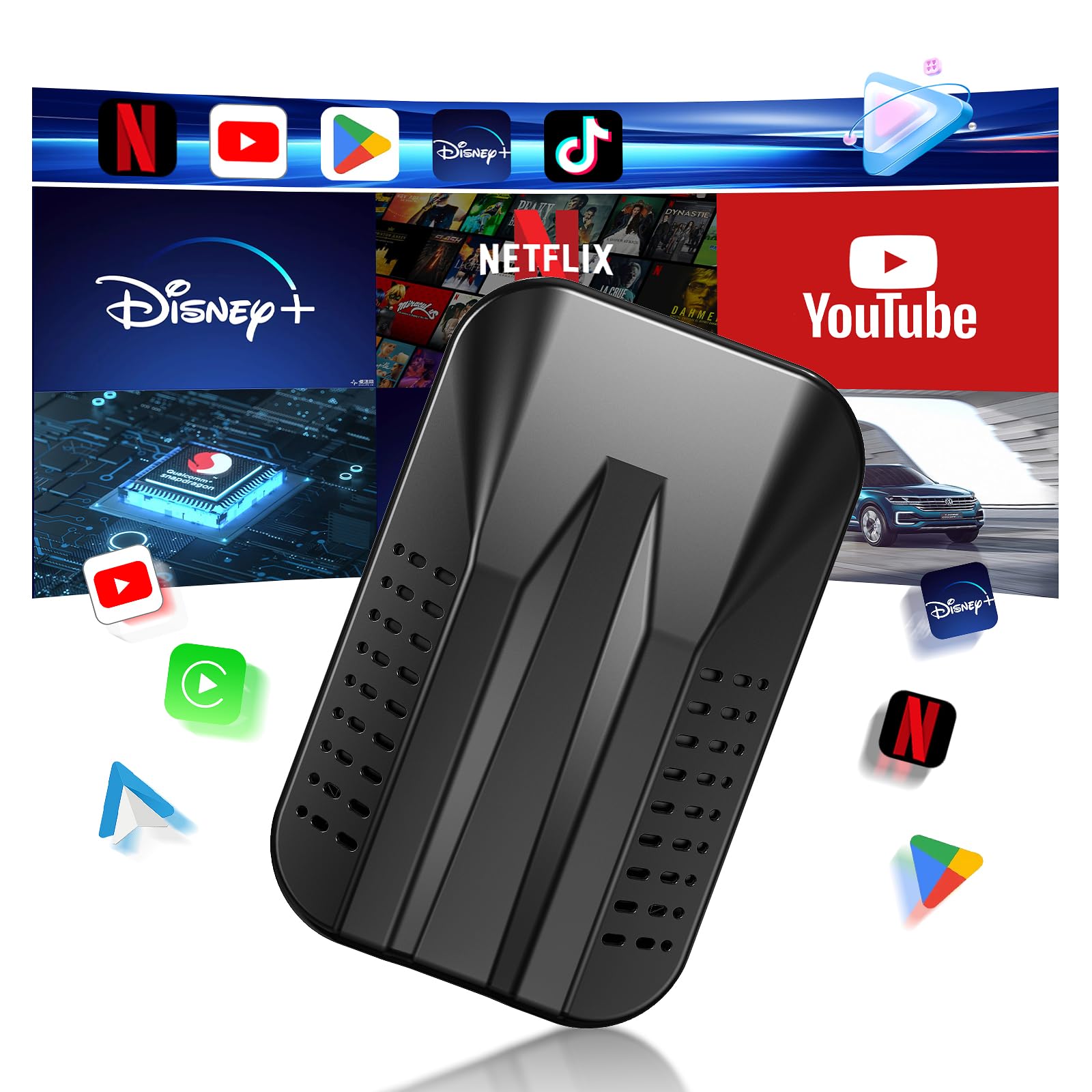 Mipeggy Wireless Carplay & Android Auto Adapter, 2025 Upgrade Carplay Ai Box Support Netflix/YouTube/TikTok/TF Card,Plug&Play, Mirror Link, Easy Setup, for Cars Equipped with OEM Wired CarPlay