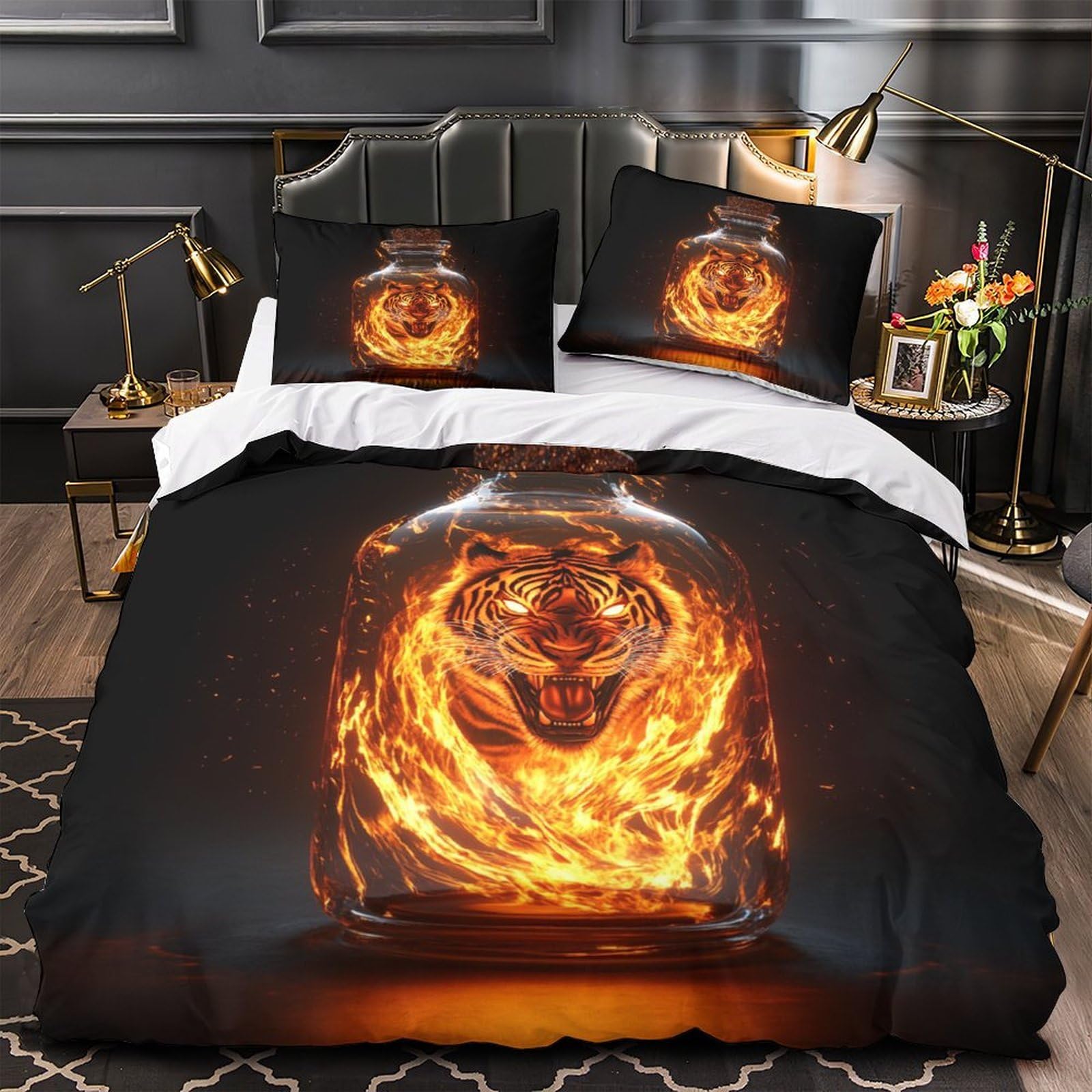 Housse de couette fantastique motif tigre de feu pour chambre ado et adulte