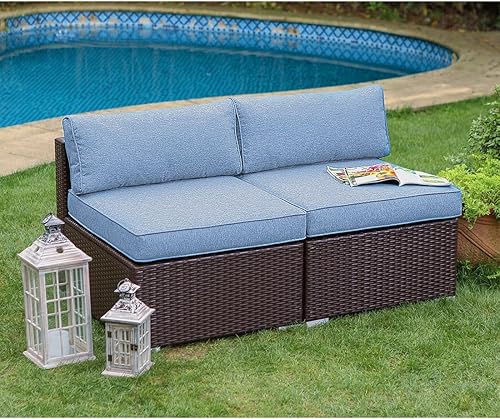 COSIEST Juego de 2 sillas complementarias sin brazos para muebles de exterior para expandir sofá seccional de mimbre marrón chocolate con cojines