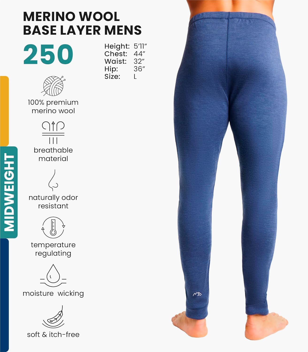 Merino Wool Base Layer Mens Bottom Pants 100% Merino Wool Heavyweight, Midweight, Lite Thermal Underwear Long Johns and Socks - Image 2