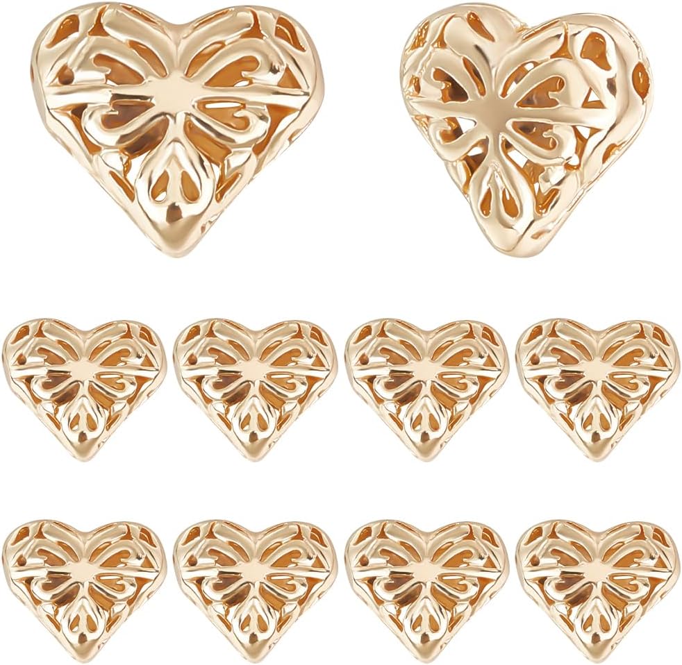 Beebeecraft 1 Box 10Pcs Hollow Heart Beads 18K Gold Plated Brass Love Spacer Loose Beads for Earrings Bracelet Waist Chain Necklaces Jewelry DIY Crafts
