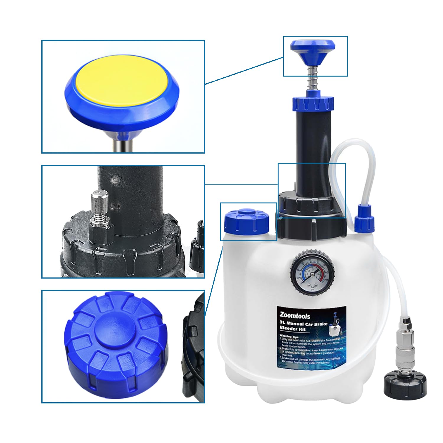 Kit di spurgo Freni Manuale 3L per Auto, Kit Cambio Liquido Freni con Serbatoio Raccolta 1L, 4 adattatori e Compatibile con la Maggior Parte dei Veicoli Europei