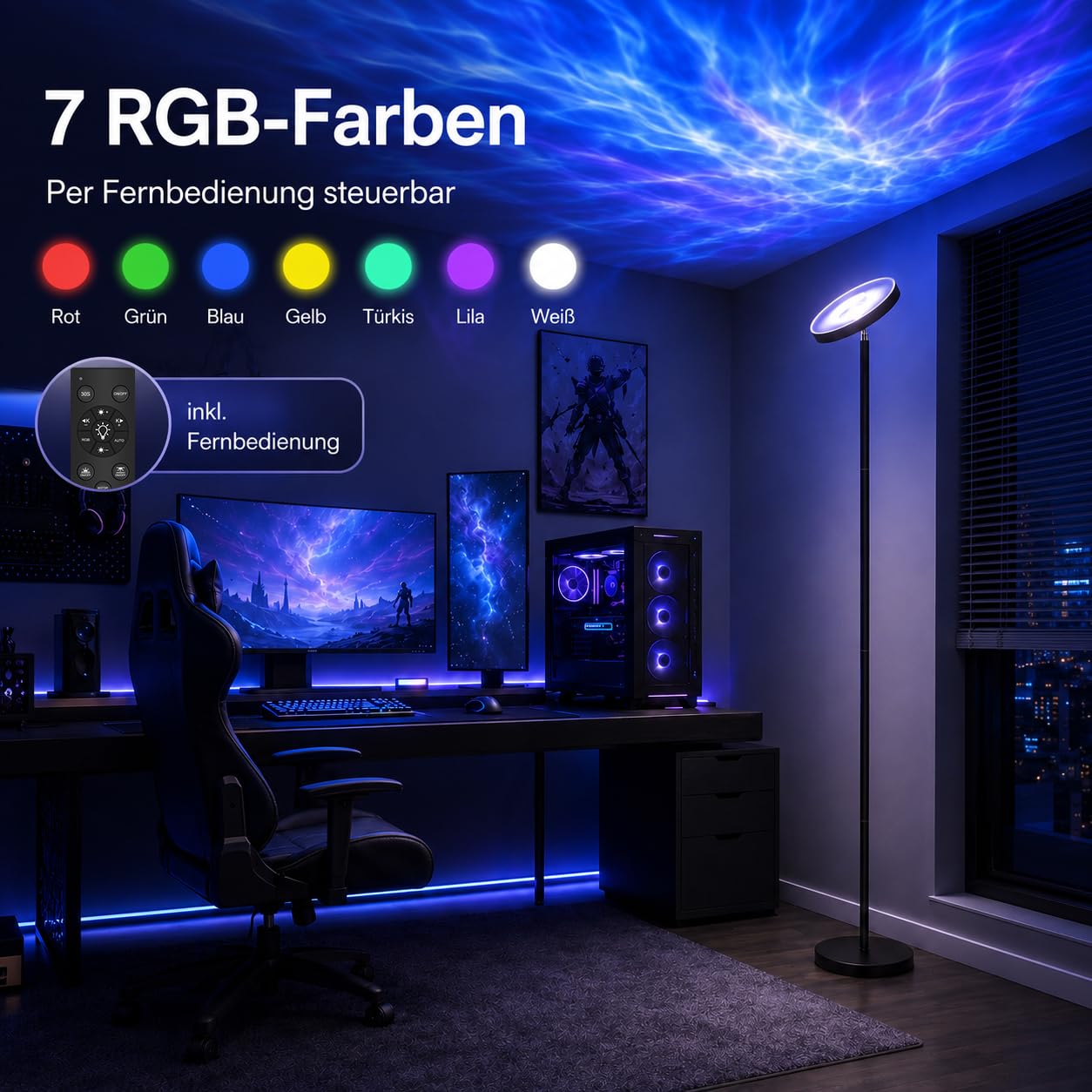 Lampada da terra LED RGB per soggiorno con telecomando, proiettore cielo stellato, lampada da terra dimmerabile con lampada da lettura e timer, bianco caldo e bianco freddo, lampada da terra nera per