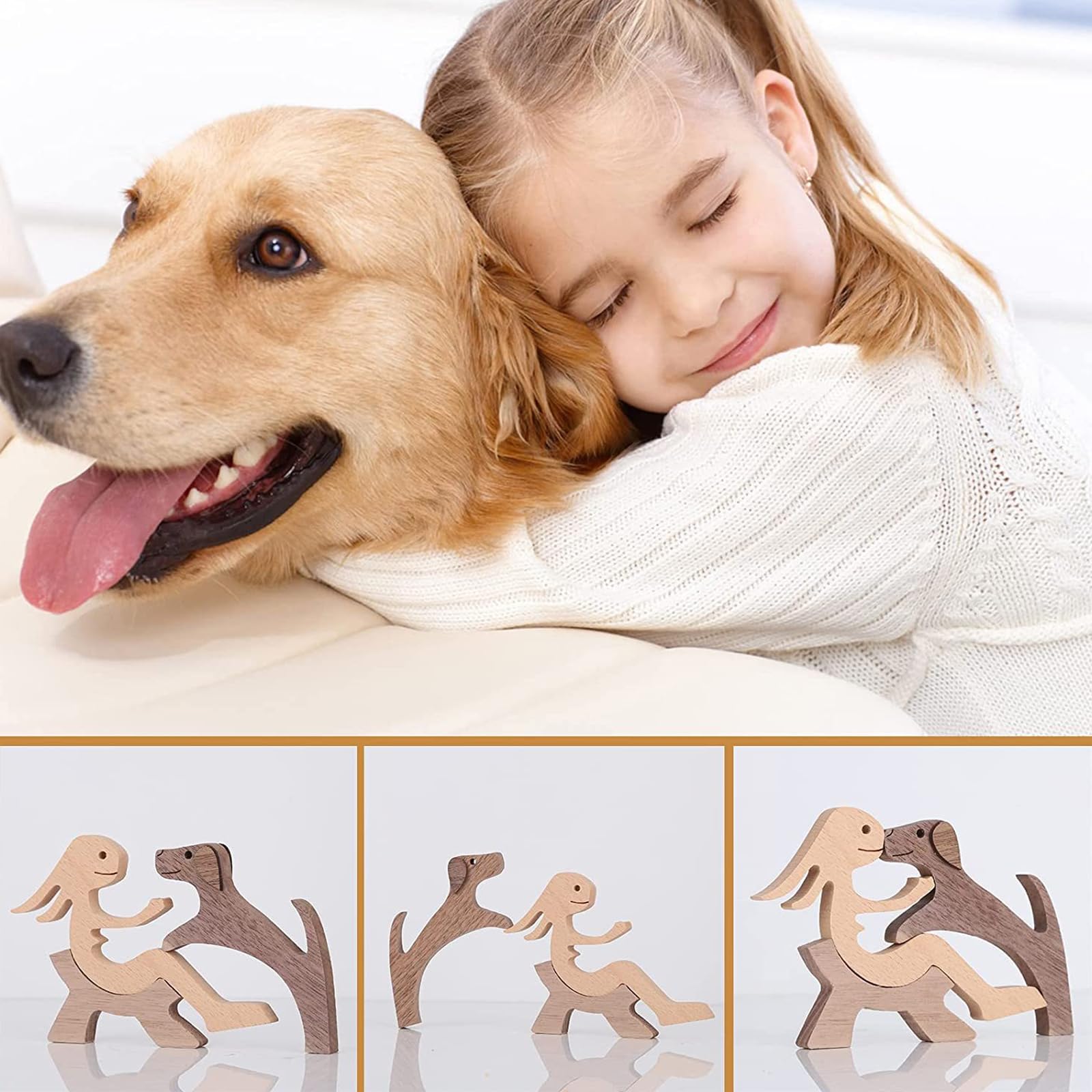 EULAPGOE Wooden Lovely Pet Carving Ornaments, Natural Solid Wood Cute Puppy Family Wooden Carving - Image 3