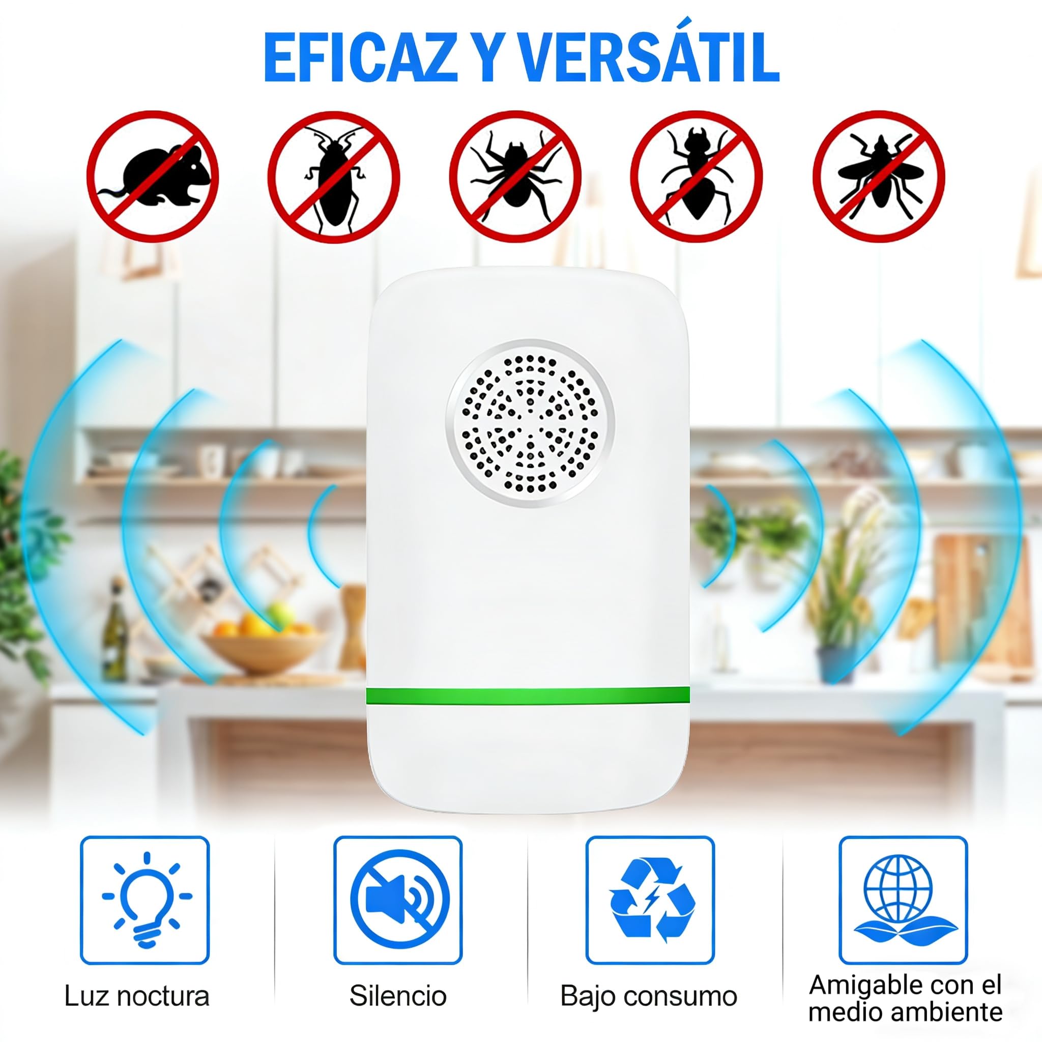 Repelente Ultrasónico de Plagas, Antimosquitos Electrónico Control de Mosquitos Hormigas, Cucarachas, Moscas, Arañas, Chinches, Ahuyentador de Ratas y Ratones para Interiores (2 Piezas)