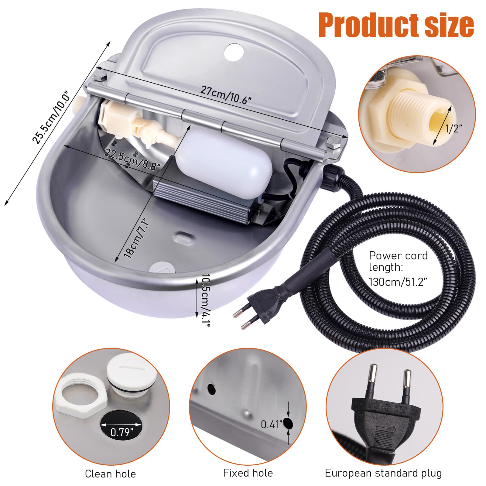 Ciotola automatica per cani, 220 V, per esterni, con valvola a galleggiante, 2,5 l, in acciaio inox, riscaldata, per animali domestici, abbeveratoio per bestiame all'aperto, per cani, bovini,