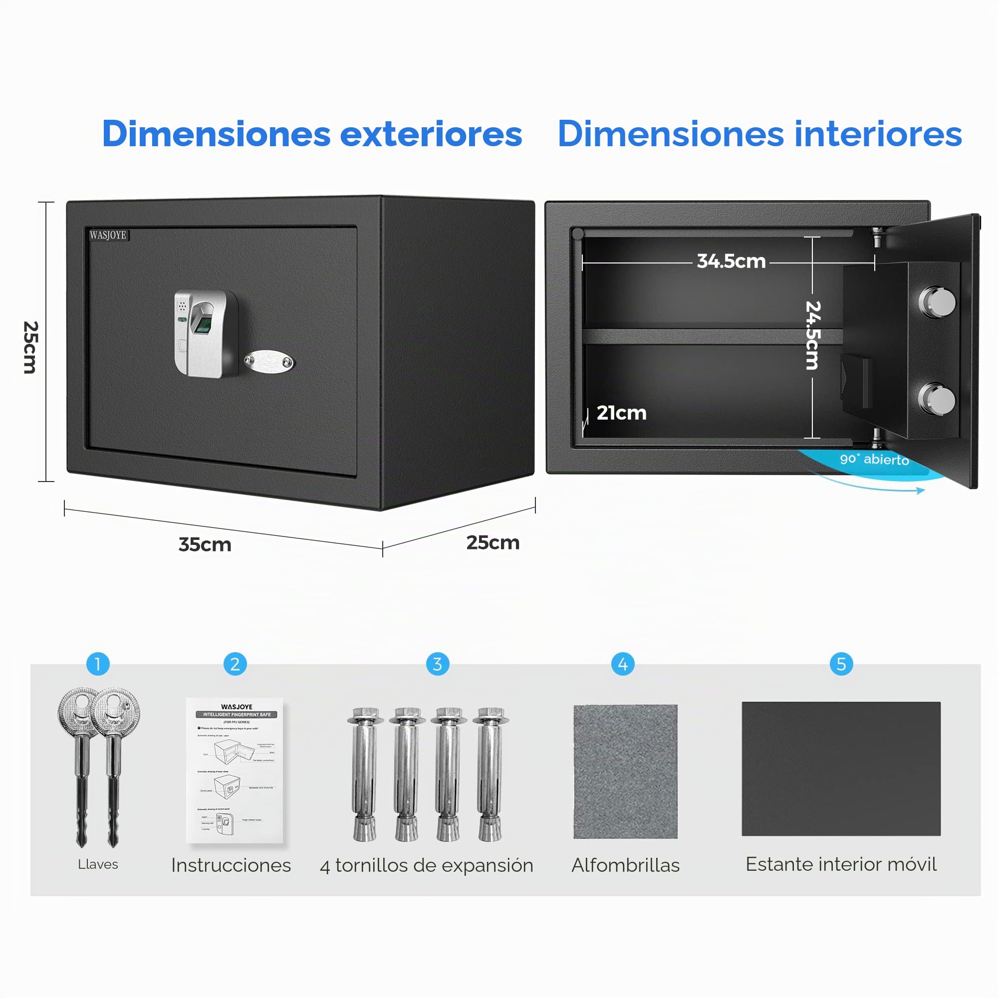 WASJOYE 25L Caja Fuerte para Huellas Dactilares, Biométrico Caja de Seguridad Convencionale para el Hogar con Llaves, Electrónica Automática con Identificación de Dedos para la Oficina Hotel