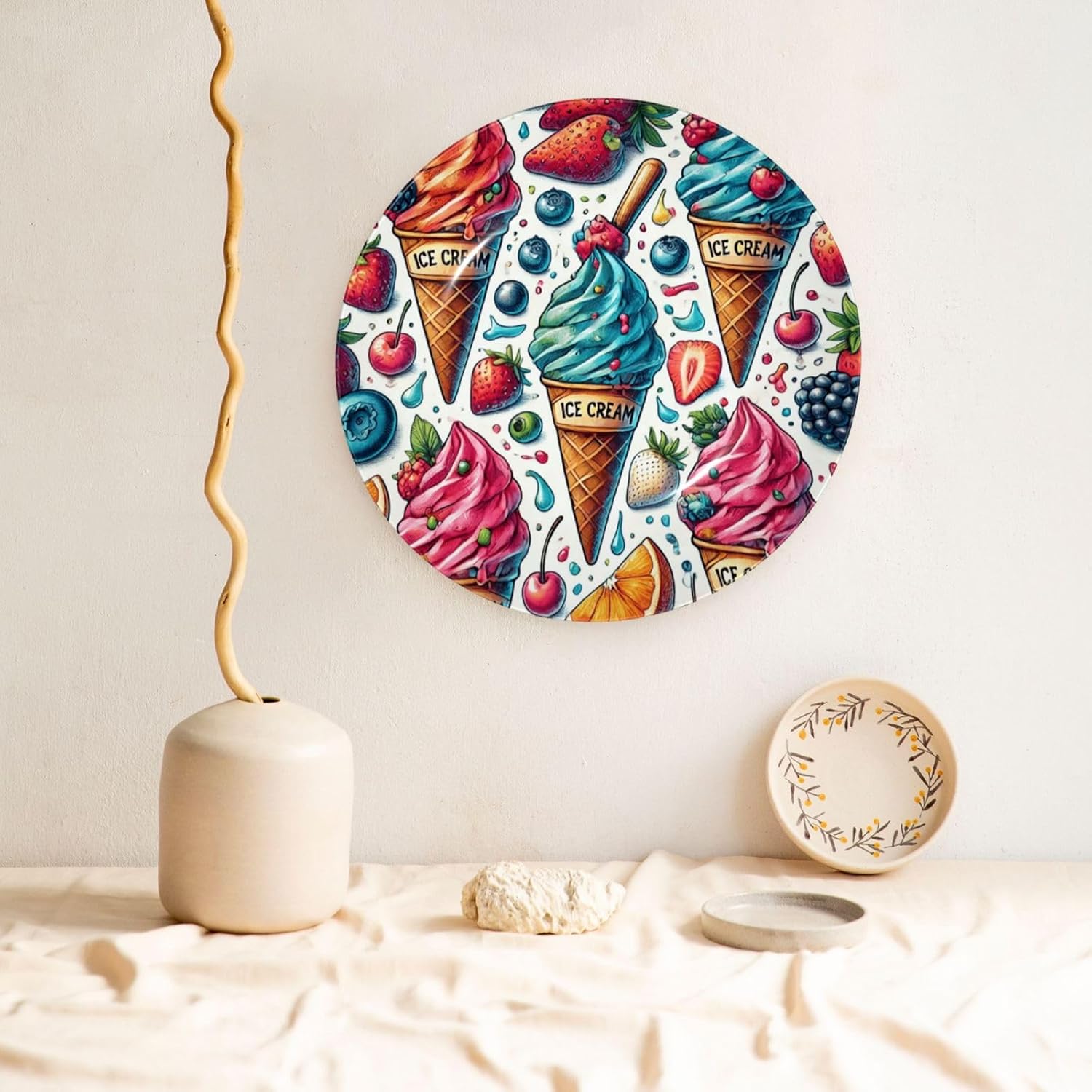 Colorful-Ice-Cream 10 Inch Decorative Plate With Stand, Elegant Display Wall Plate For Home Decor