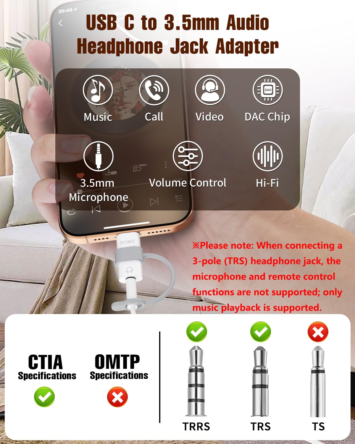 BOMIE Adattatore da USB C a jack audio per cuffie da 3,5 mm, confezione da 4 pezzi, chip decodificatore DAC di qualità del suono senza perdite, jack per cuffie da 3,5 mm femmina a tipo c maschio