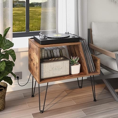 Miniatura 5 de Tohomeor Soporte para reproductor de discos de vinilo con estación de carga de luz LED, puerto USB, soporte para tocadiscos LPs, gabinete de