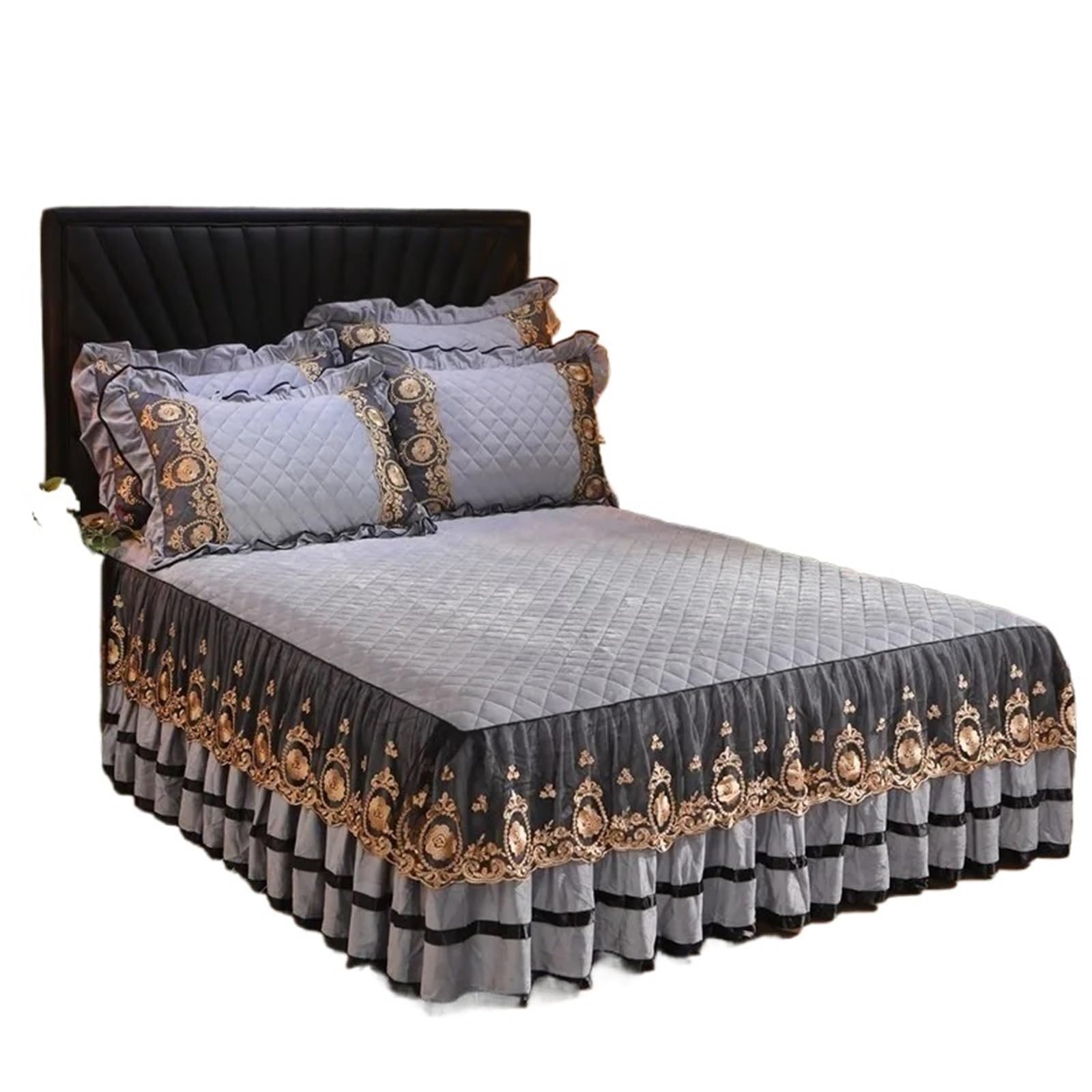 Lace Bed Skirt Bedspreads Bedding Thicken Velvet Plush Quilted Embossing Spread For Home(Color-04,2 Pillowcase 48x74cm)