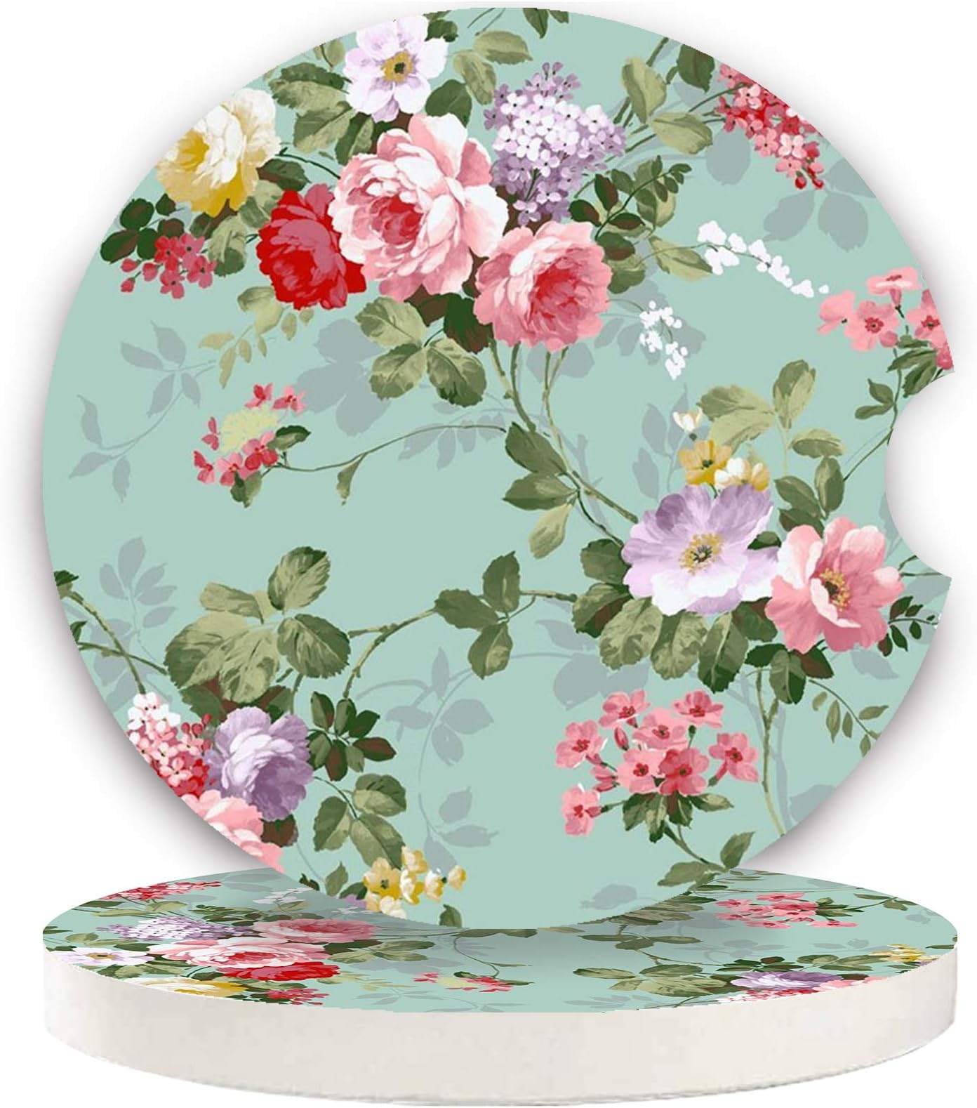 Small 2.56" Absorbent Auto Coasters 2 Pack, Ceramic Car Accessories Coasters Absorb Spills to Keep Cupholders Clean (Floral)
