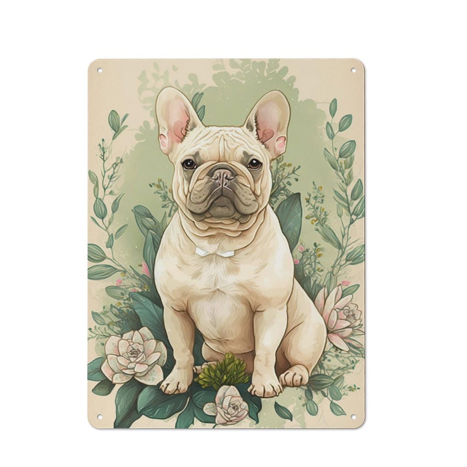 Junmoney French Bulldog Floral Retro Metal Wall Sign 40X30cm With For Pub Or Café, A Housewarming Gift For Hospitality Wall Decor Collectors