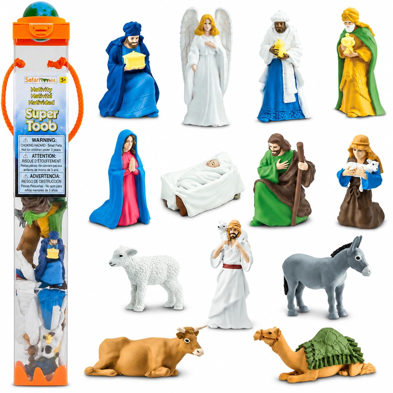Nativity Super TOOB - 13 Hand-Painted Figurines including Mary, Joseph, Baby Jesus, Angel Gabriel, Shepherds, Animals, & 3 Wise Men - Educational Toy For Boys, Girls & Kids Ages 3+