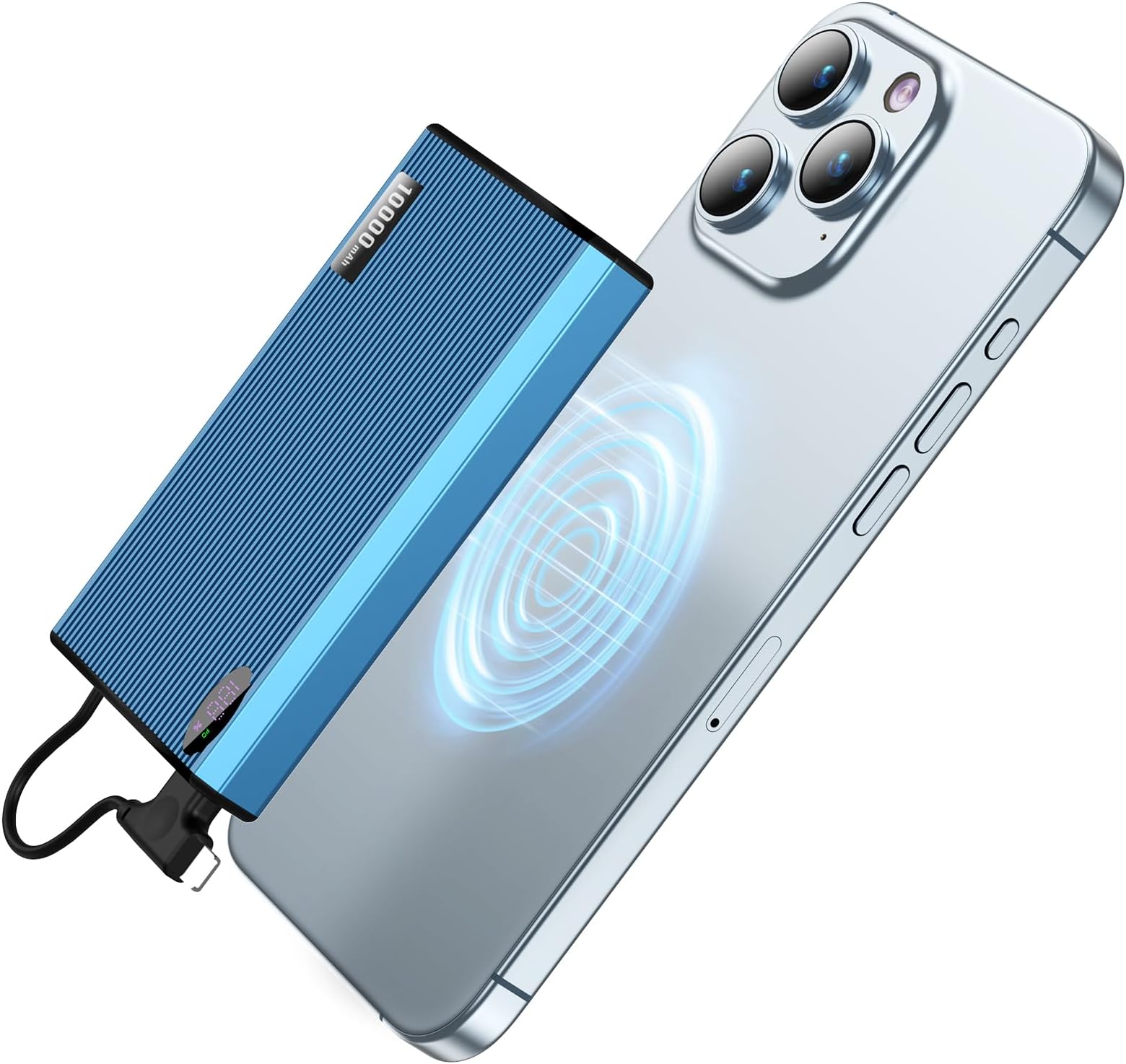 Magnetic Portable Charger with Built-in Cable, 10000mAh Ultra Slim Mag-Safe Battery Pack, 0.5.in 6.4oz Mini Power Bank, 20W PD USB-C Two-Way Charging, Compatible with iPhone 15/14/13/12 (Blue)