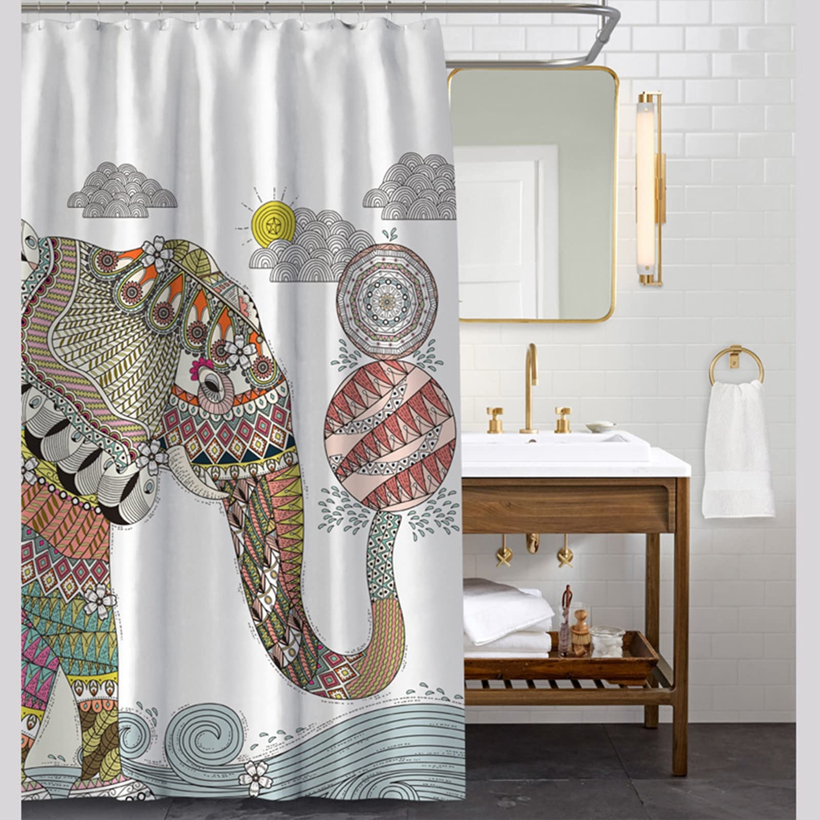 Rideau douche imprimé éléphant ethnique KnSam 180x200cm polyester anti moisissure