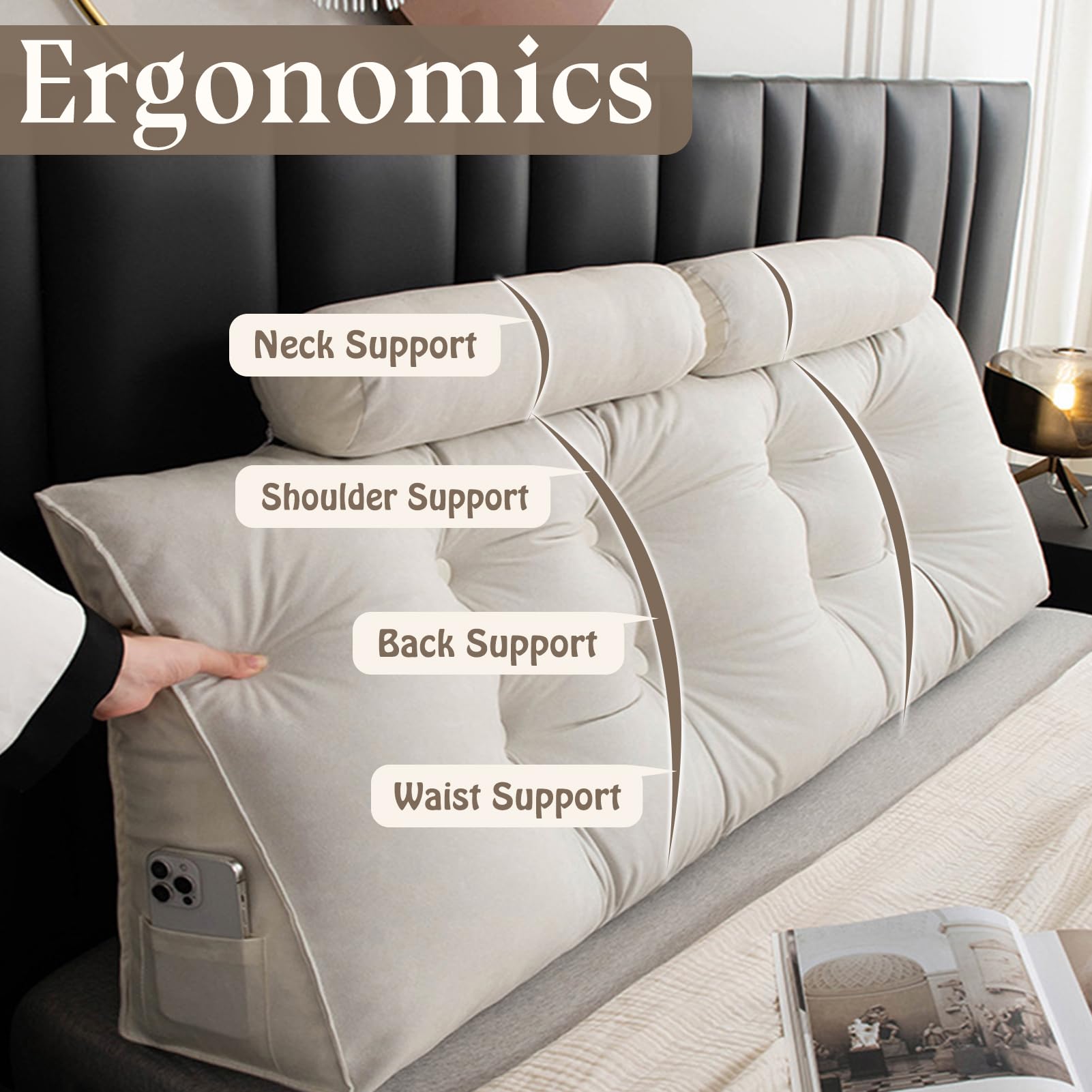 Keilkissen Lang Rückenkissen für Bett: Bequemes Lesekissen Abnehmbar Sofa Lendenkissen Dreieckiges Hohen Rückenlehne Kissen mit Nackenstützkissen (Dark Gray, 150 * 50 * 20cm)