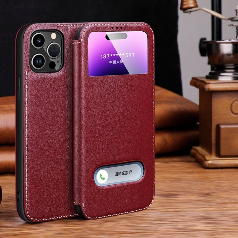 Funda de Lujo con Ventana Transparente en Piel para iPhone 16, 15, 14 Pro MAX, 16 Plus, 13, 12, 11, XR, XS, 7 Plus. Tipo Cartera, Color Rojo Vino. También Disponible para iPhone 13 Pro.