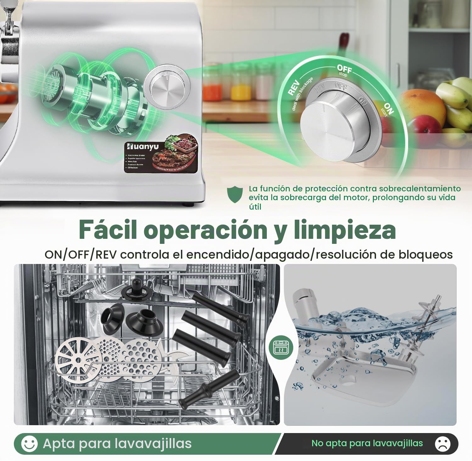 Huanyu Picadora Electrica 2800W Max Picadora de Carne Eléctrica Multifunción Picadora Electrica de Alimentos Con Embutidora de Chorizos Trituradora de Carne Para Uso Doméstico y Comercial