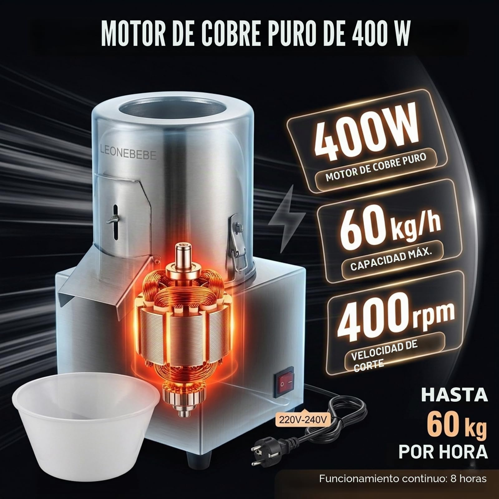 Picadora Eléctrica Profesional, Cortadora de Verduras y Picadora de Carne, Procesador de Alimentos en Acero Inoxidable, 400W, 220V, Capacidad 40-60 kg/h, Ideal para Restaurantes y Cocina Doméstica