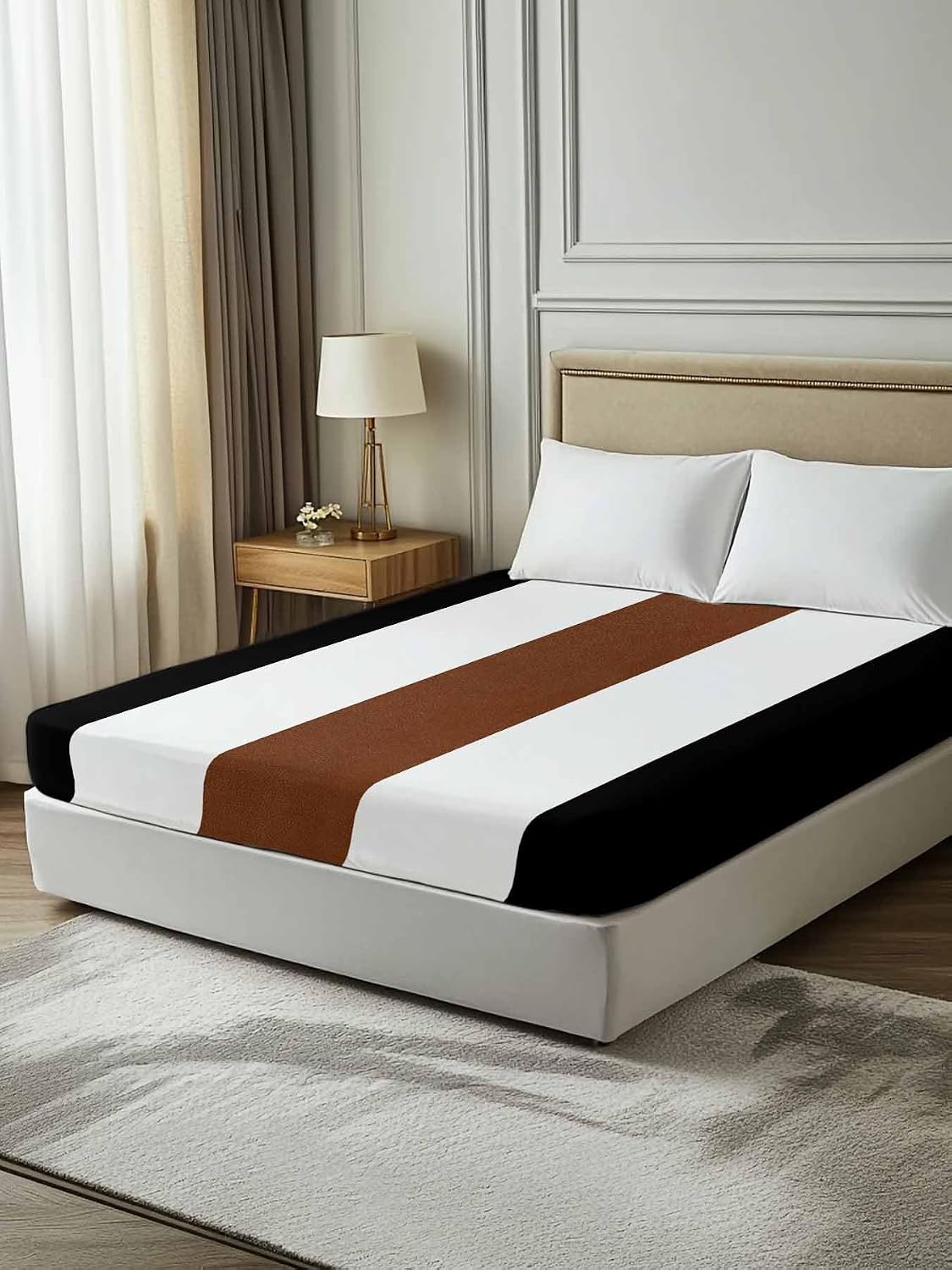 Top Sheet Full Bedding Flat Sheet Only, Retro Rustic Minimalist Stripe Art Microfiber Bed Sheets Soft Breathable Bedding Flat Sheets, Brown Black White Color Block Hotel Luxury Top Sheets