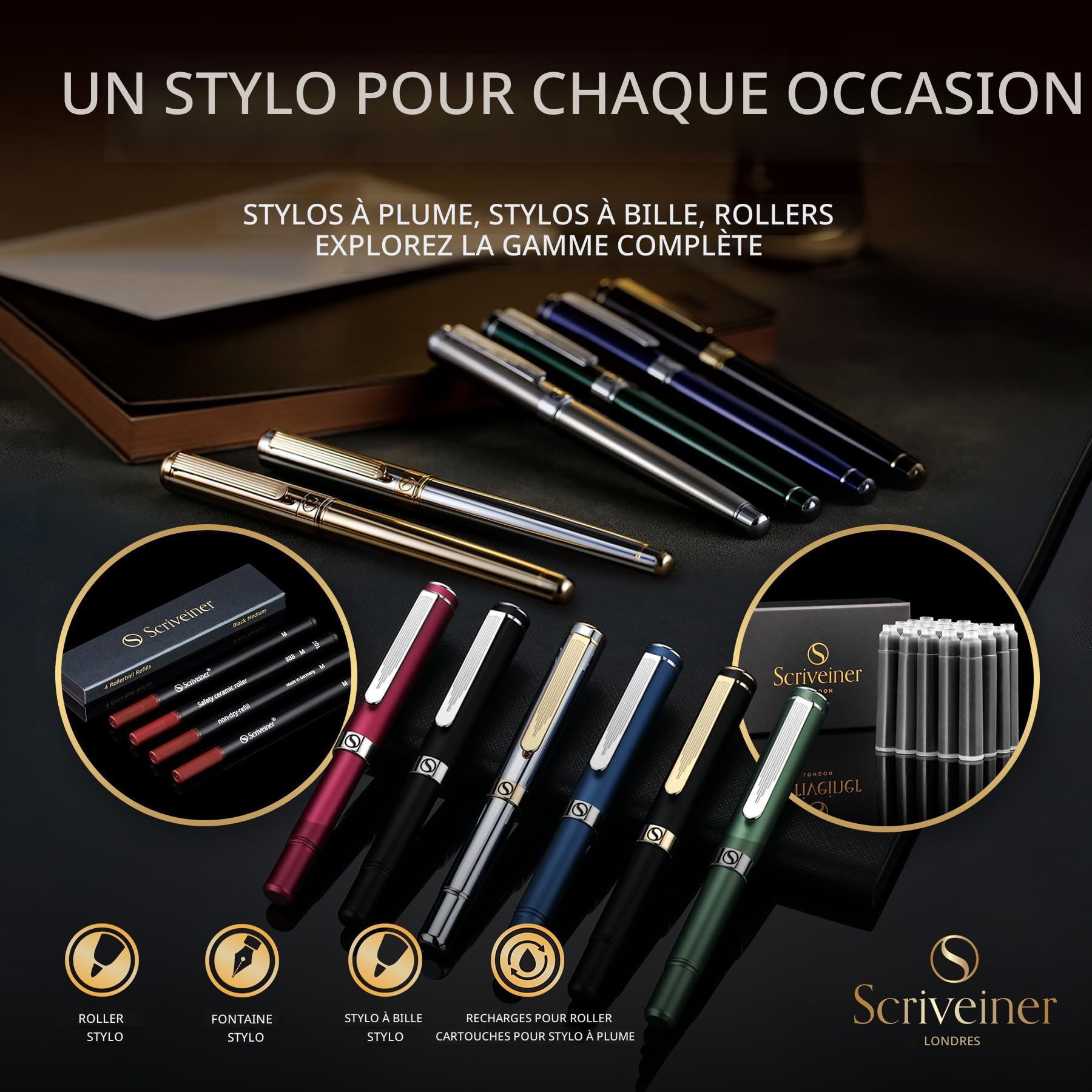 Scriveiner Roller Bleu EDC Stylo de luxe, Stylo de poche lourd avec finition chromée, d'écriture agréable, Cadeau homme et femme, Recharge Schmidt, Ensemble de stylos de bureau