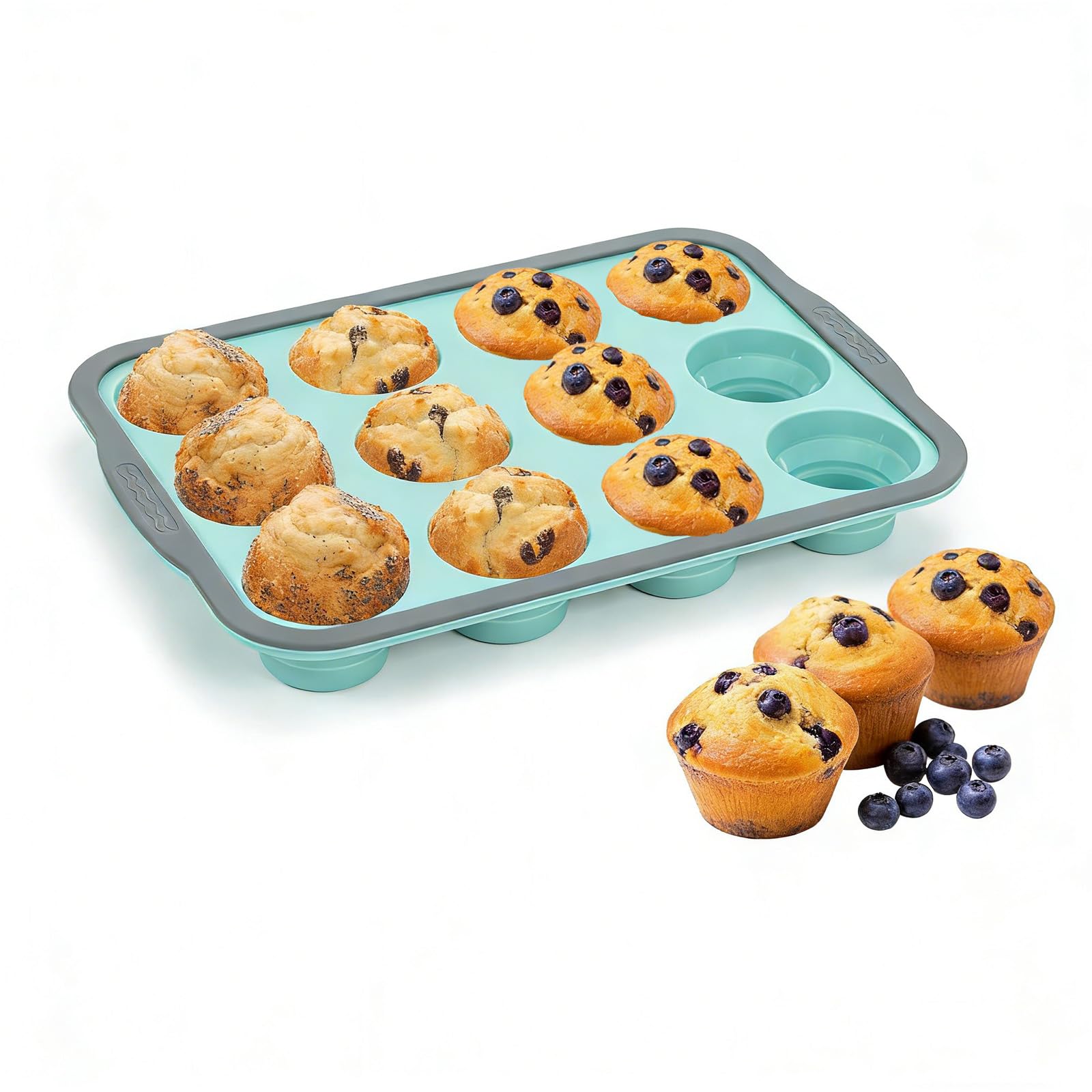 YiYeraio Silicone Muffin Trays with Metal Frame, 12 Cup Non Stick Cupcake Tray Regular Size, Muffin Moulds for Baking, Yorkshire Pudding Tray (Blue)
