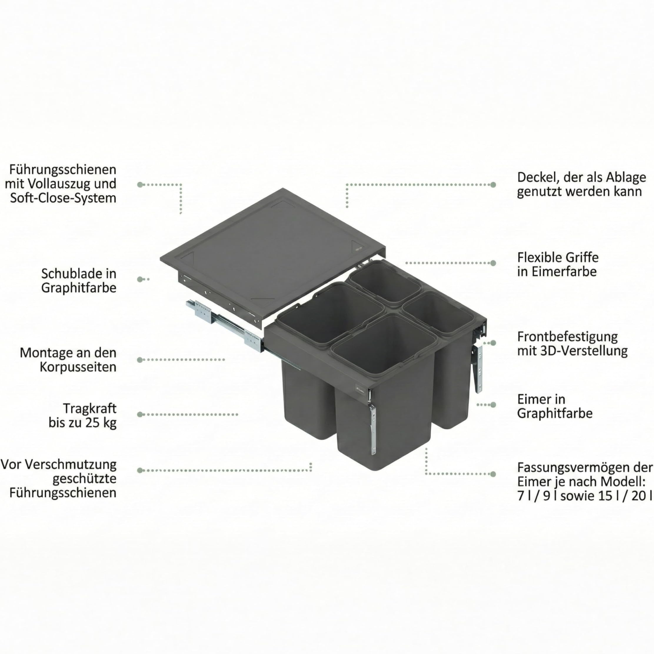 Cubo de Basura Extraíble para Armario de 60 cm SEGREGO 56,4 x 48 x 32 cm (2x 15L + 2x 7L) Sistema de Reciclaje de 4 Cubos con Tapa y Cierre Suave (Soft-Close) Grafito