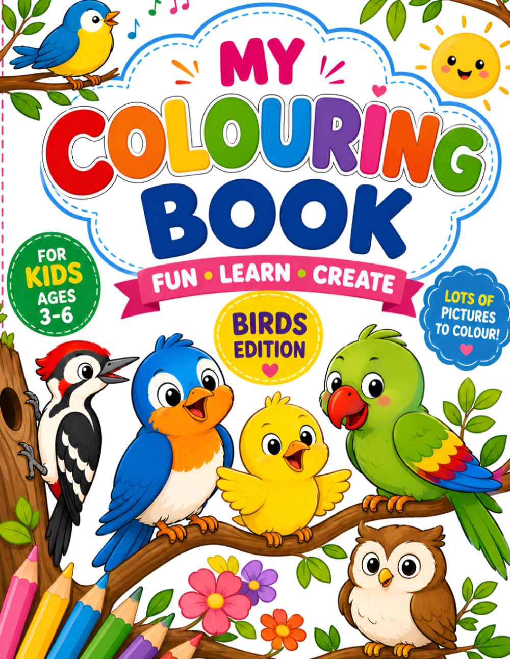 Happy Birds Coloring Book: Fun and Easy Bird Coloring Pages for Toddlers and Preschool Kids | Cute Parrot, Owl, Penguin & more