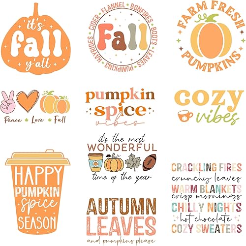 10 calcomanías de vinilo para planchar con tema de otoño, parches de vinilo HTV para transferencia de calor, calcomanías para ropa, sombreros,