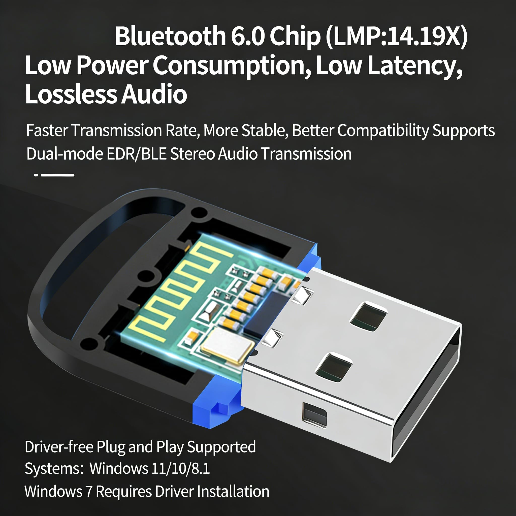 Bluetooth 6.0 adapter Dongle, USB Bluetooth adapter do komputera stacjonarnego, laptopa, komputera, zestawu słuchawkowego, klawiatury, myszy, Bluatooth stereo, do Windows 11/10/8.1