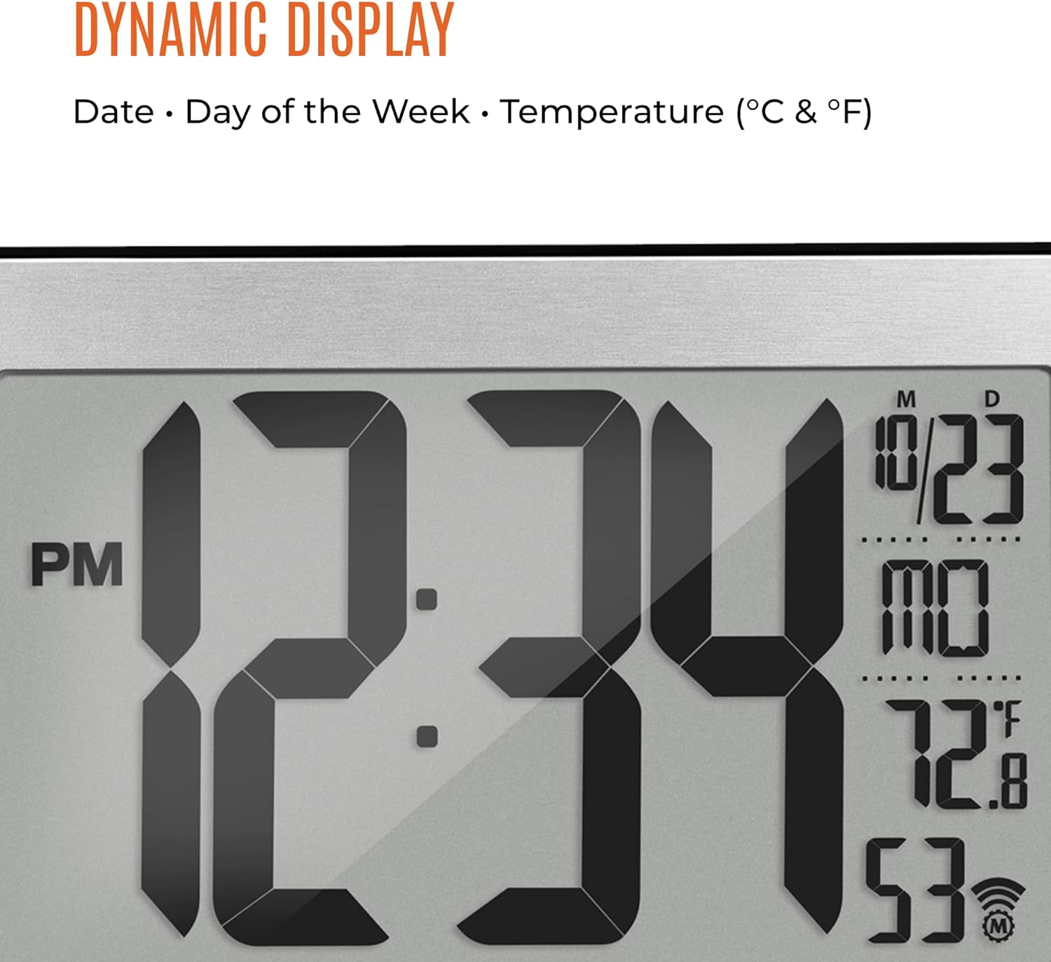 Close-up of MARATHON CL030068 clock display showing date and temperature