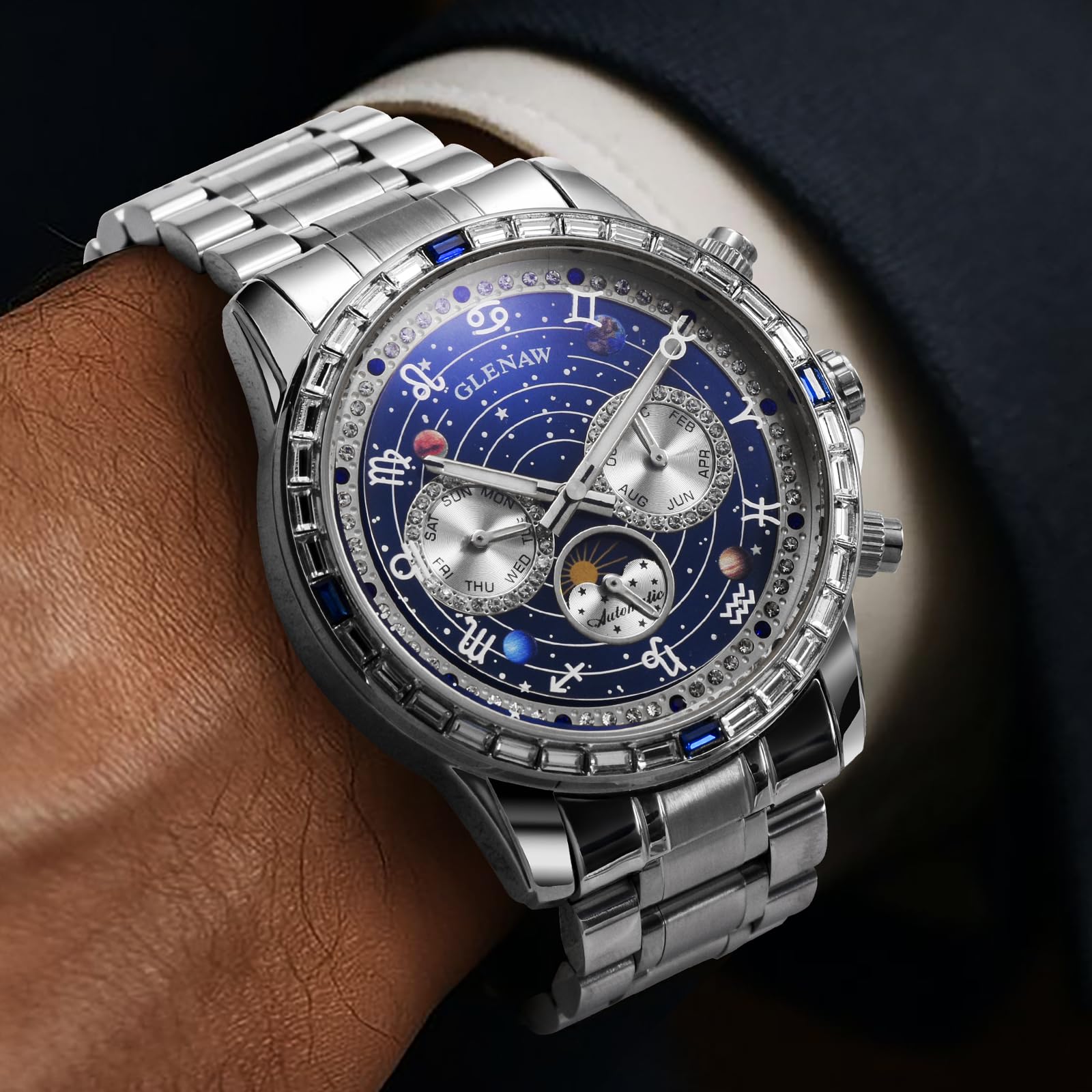 Glenaw Automatische Uhren für Herren und Herren, mechanische Uhr, drehbares Zifferblatt mit himmlischem Stern, Tag, Datum, Monat, Mondphasenanzeige, selbstaufziehende Uhr, Leuchtzeiger