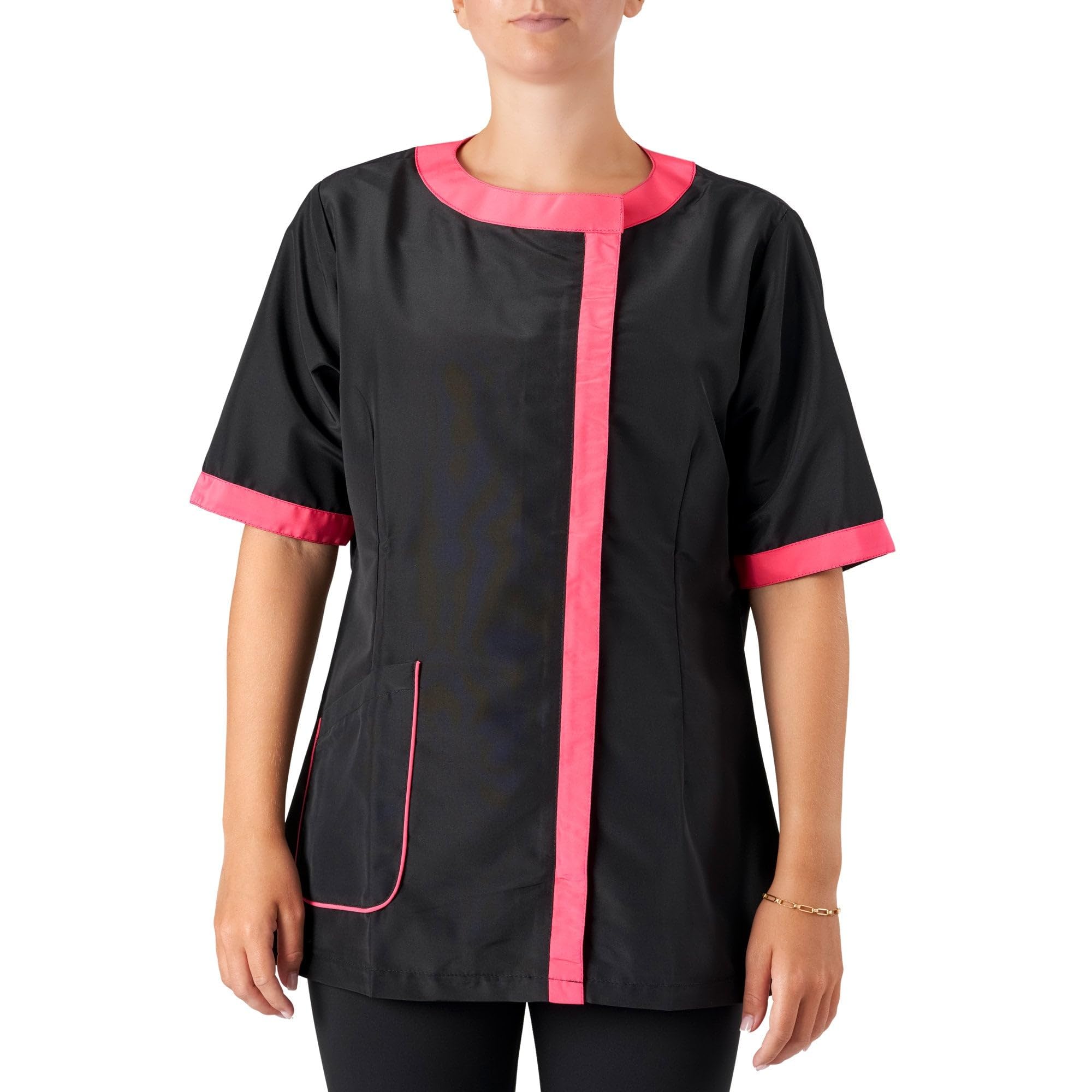 Amelia Boat Neck Zip Up Dog Grooming Tunic/Jacket - Pet Hair Resistant/Quick Drying Workwear - Black/Pink - XXL