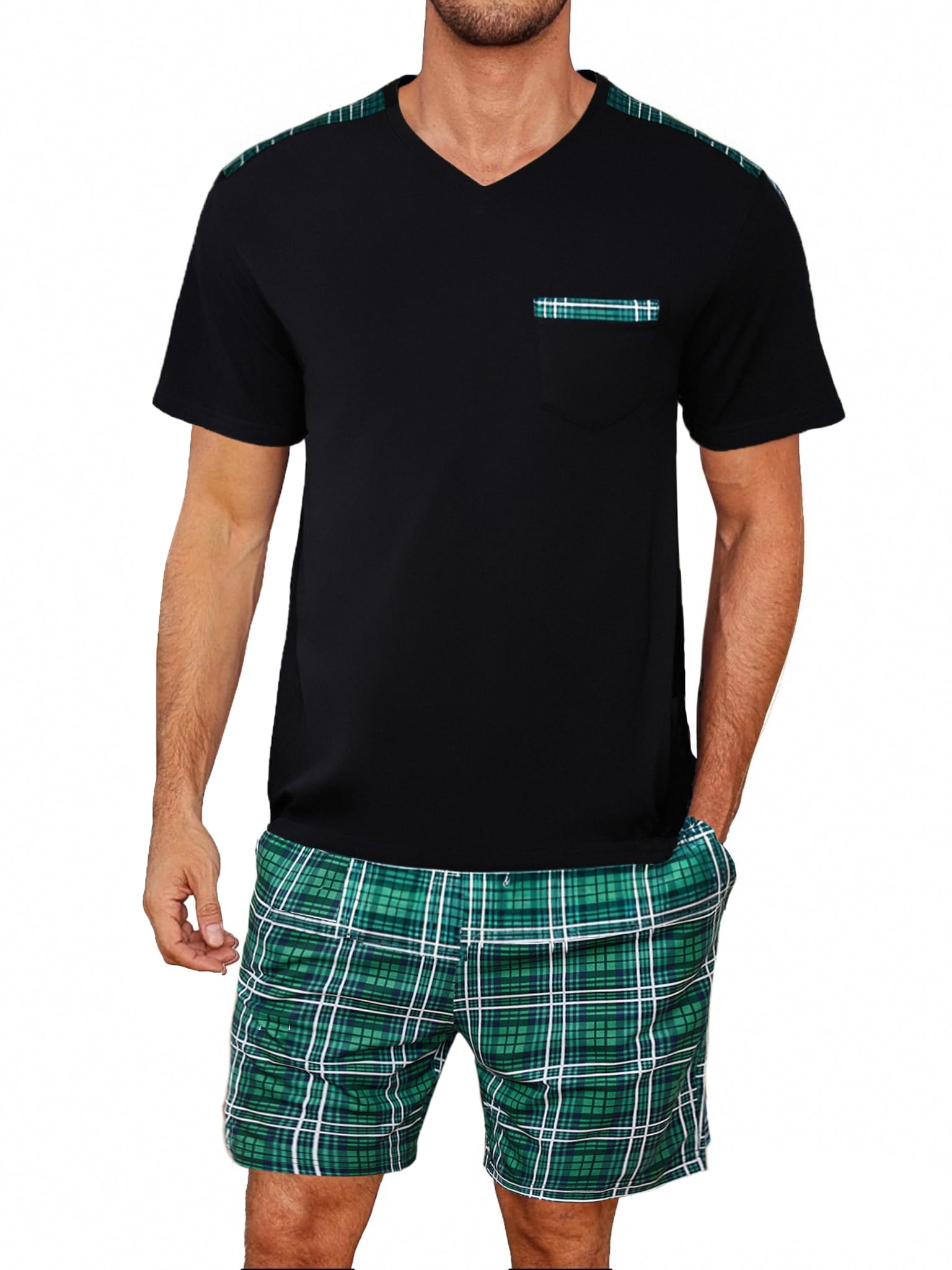 Litherday Schlafanzug Herren Kurz Sommer Baumwolle Pyjama Set Kurzarm Shorty Zweiteiliger T-Shirt Schlafanzughose Loungewear für Männer
