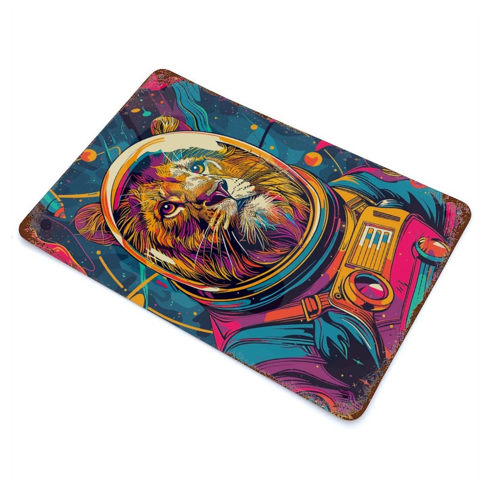 Rust Effect Lion Astronaut Space Weathered Tin Sign 11.8"x7.9", Farmhouse Wall Decor for Farmhouse, Kitchen And Entryway Decor