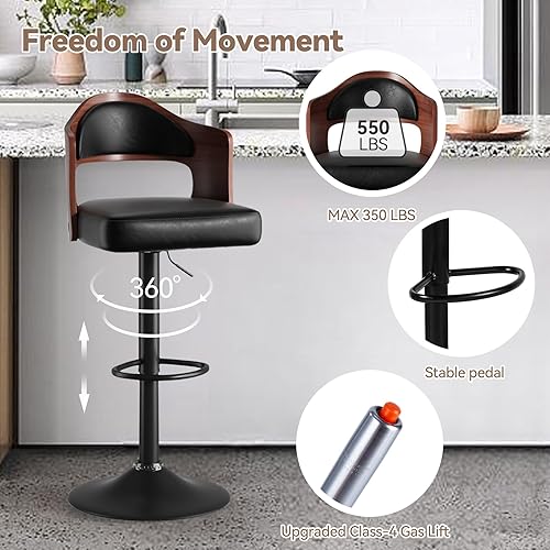 Miniatura 5 de Juego de 4 taburetes de bar giratorios de altura ajustable de 24.5 a 33.5 pulgadas, taburetes de madera tapizados de piel sintética con respaldo y