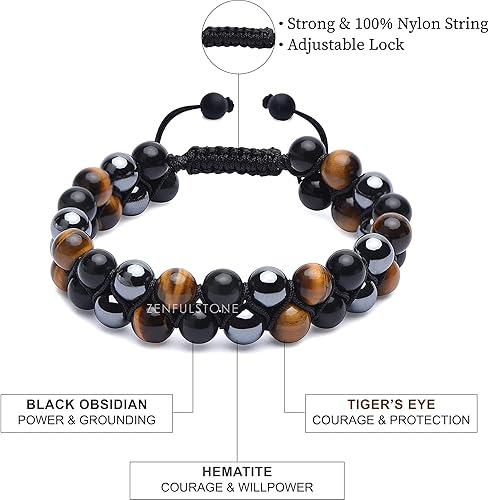 Miniatura 3 de Triple Protection Bracelet, Authentic Tigers Eye, Black Obsidian, and Hematite 8mm Beads Double Layer Bracelet for Men and Women Crystal Healing