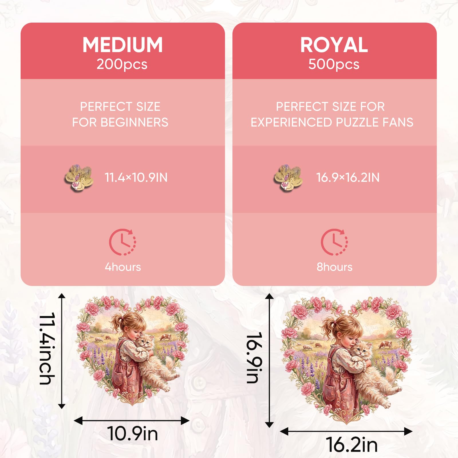 Ruikiyart Casse-tête en bois de 200 pièces en forme de cœur pour adultes, puzzle stimulant fille et chat avec pièces irrégulières uniques, parfait pour une soirée de jeu en famille, un anniversaire