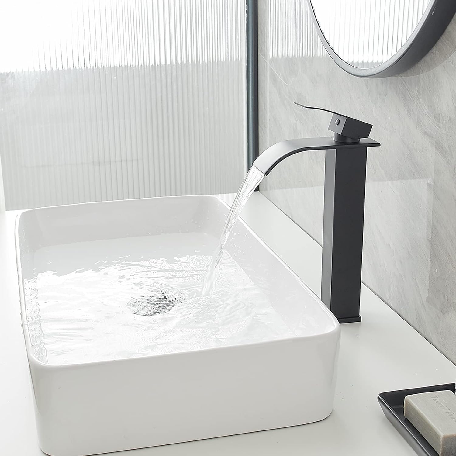 Vessel Sink Faucet Waterfall Bathroom Faucet Matte Black Stainless Steel Tall Single Handle One Hole Deck Mount Bowl Vanity Sink Faucet with Pop-up Drain Stopper