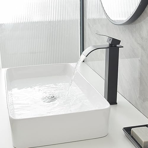 Miniatura 5 de Grifo de lavabo para lavabo, grifo de baño en cascada, acero inoxidable negro mate, mango único, un agujero, montaje en cubierta, grifo de fregadero