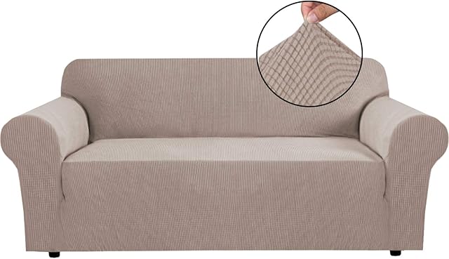 BellaHills Super Stretch Sofa Covers Couch Covers Sofa Slipcovers Furniture Protector for Sofas/Kids/Pets | Form Fitted Jacquard with Elastic Bottom, Thick Soft Non Slip (3 SeaterSand)