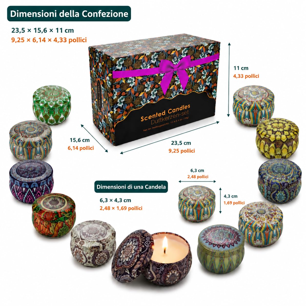 Regalo per Donne 12 Pezzi Set di Candele Profumate di Metallo per Moglie,Fidanzata,Candele in Cera di Soya Naturale Confezione da Regalo per Casa,Natale,San Valentino,Compleanno,Festa della Mamma