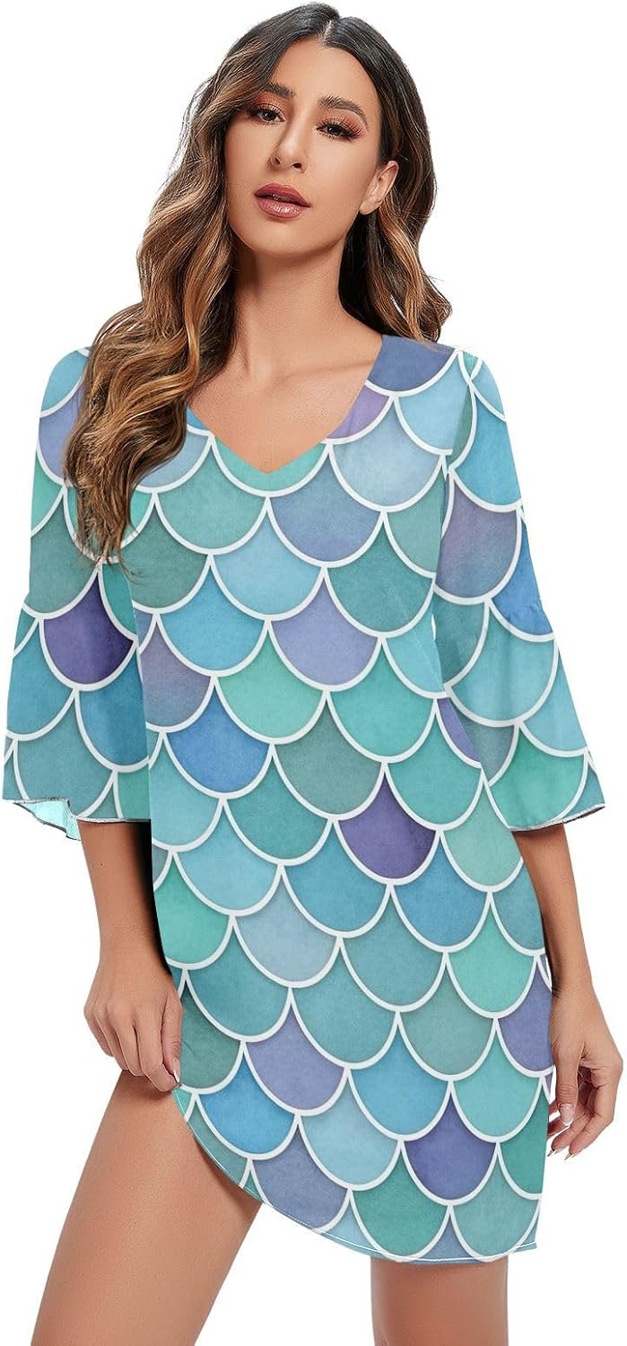 Mermaid Scales Blue Casual Chiffon Dress Printed Line Maternity Dress