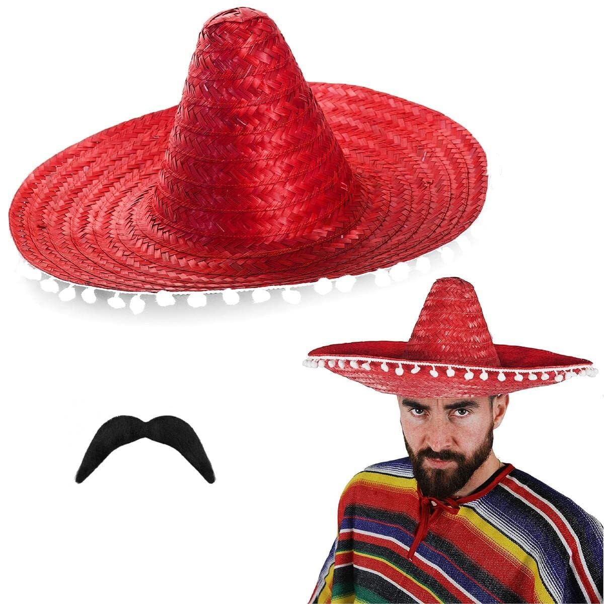 I LOVE FANCY DRESS Sombrero Accessory Set - Pack of 24 - Red Sombrero with White Pom Poms and Mexican Moustache - Accessories for Fiesta Parties Unisex