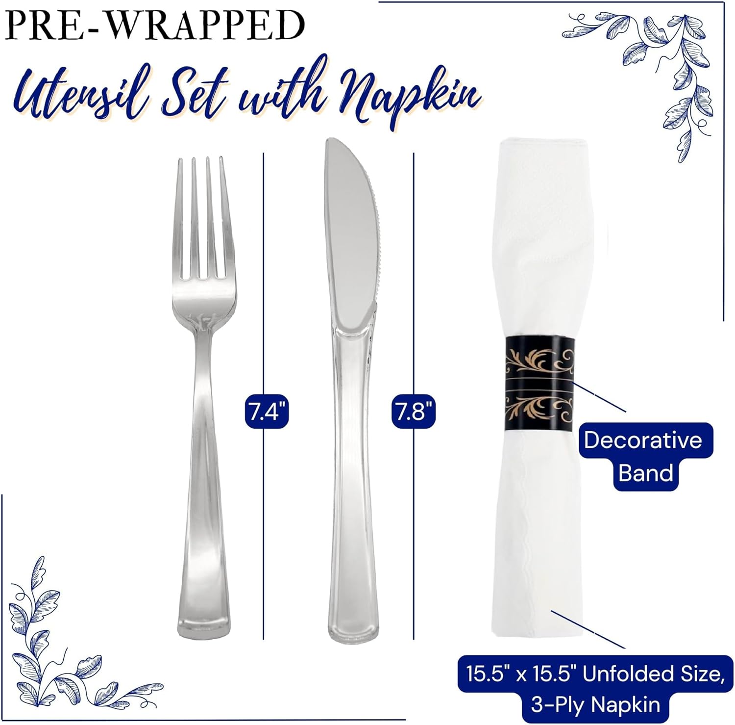 Pre Rolled Silverware Set Disposable with Napkin, Plastic Wrapped Cutlery - Forks, Knives- for Indoor or Outdoor Parties, Events, Gatherings, Dinners, Weddings, Caterings, 100 Packs, Silver