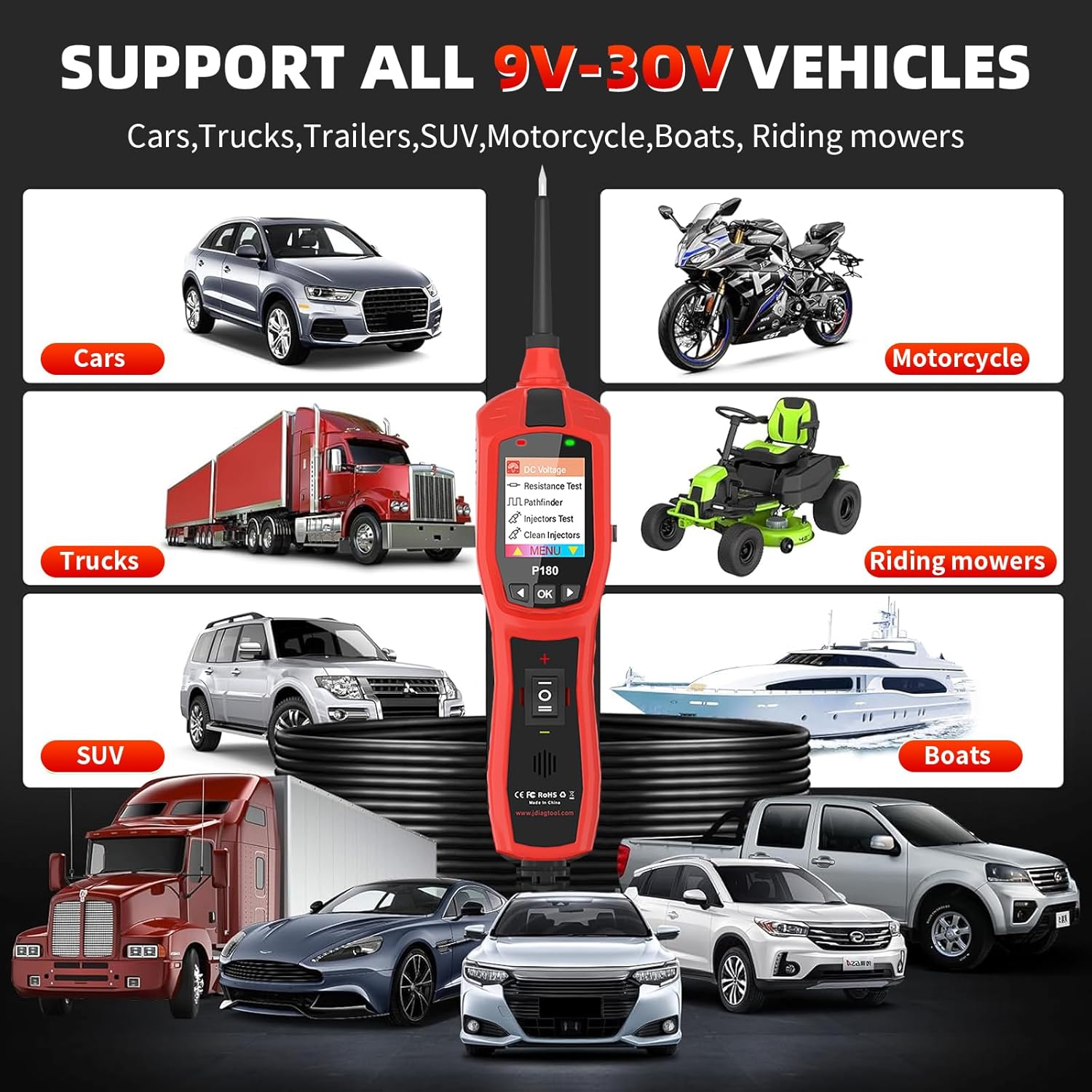 6-30V Automotive Circuit Tester - Multi-Function Electrical System Diagnostic Tool for Voltage, Resistance, Short Circuit & Injector Testing