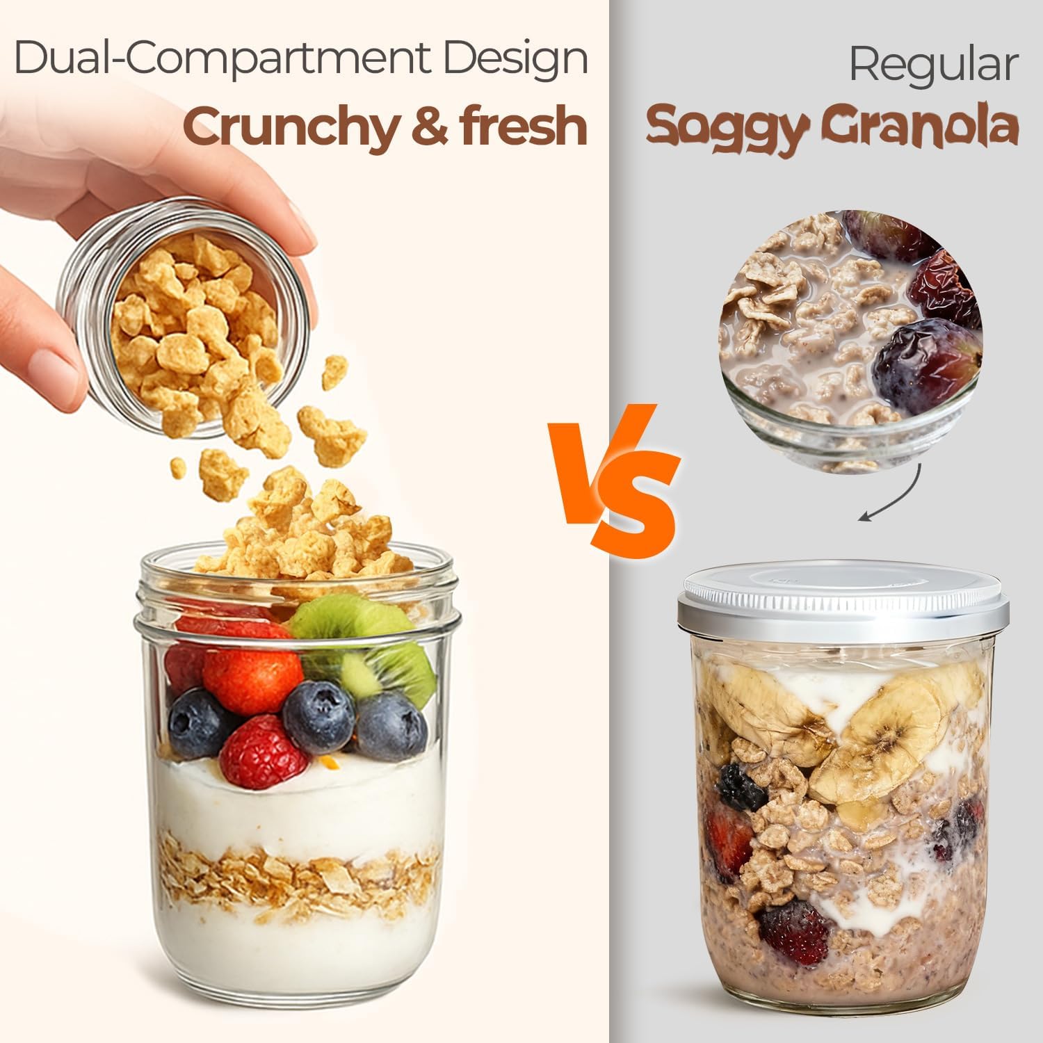 ComSaf Overnight Oats Containers with Lids (16OZ+4OZ, 2PCS) On-The-Go Dual-Laryer Yogurt Parfait Cups with Dry and Wet Separation Mason Jars for Chia Pudding Cereal Nut Fruit Meal Prep Salad - Image 4