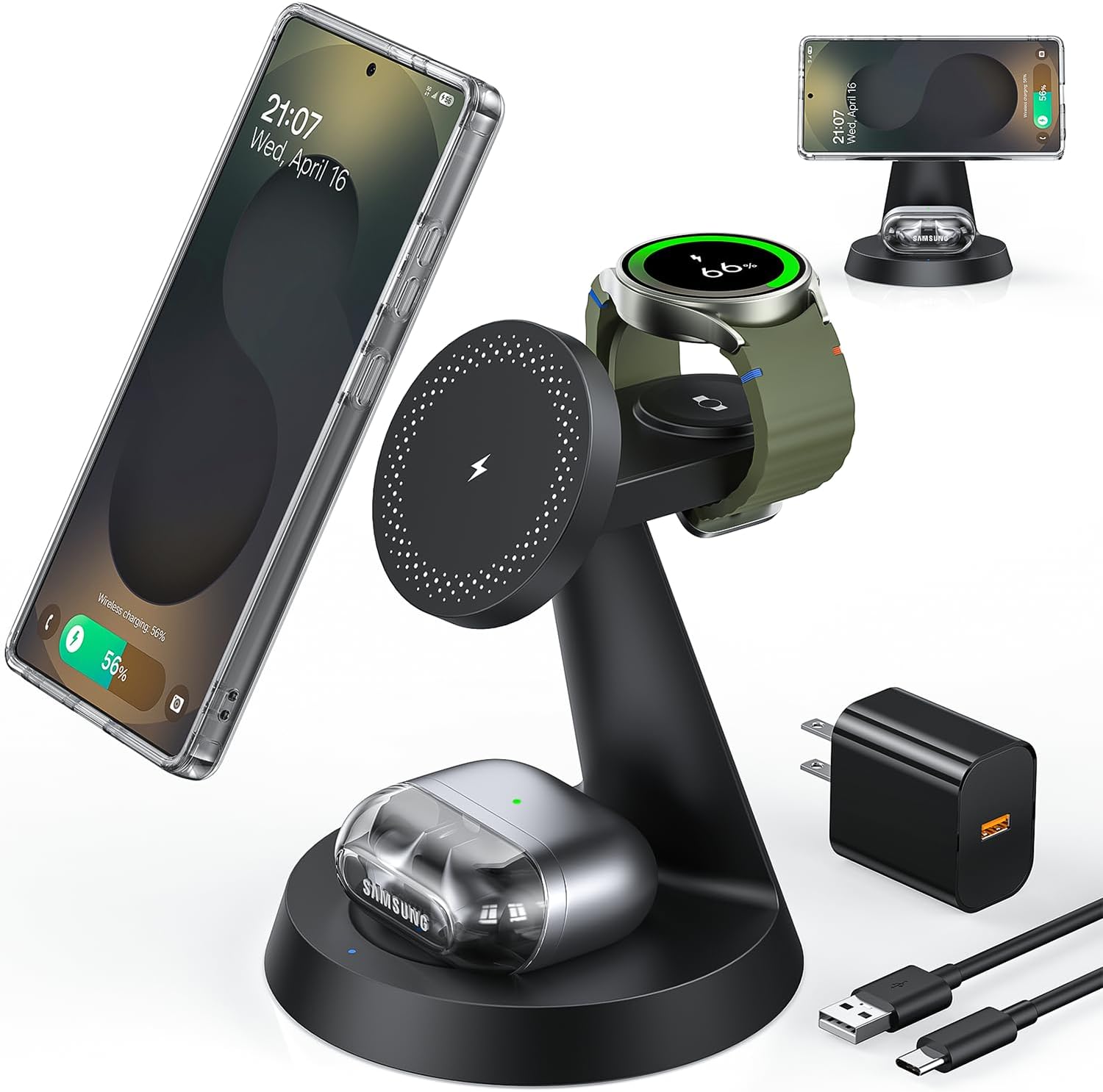 Magnetic Wireless Charger for Samsung, 3 in 1 Charging Station Compatible with MagSafe Samsung Charger for Galaxy S25 Ultra Z Fold7/Flip7, Watch Charger Stand for Galaxy Watch Ultra 8 7, for Buds