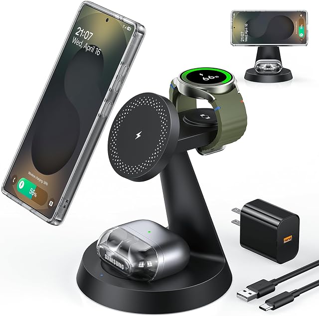 Chargeur sans fil magnétique pour Samsung, 3 en 1 Station de recharge Compatible avec MagSafe Chargeur Samsung pour Galaxy S25 Ultra Z Fold7/Flip7, Montres Charger Stand pour Galaxy Watch Ultra 8 7, pour Buds